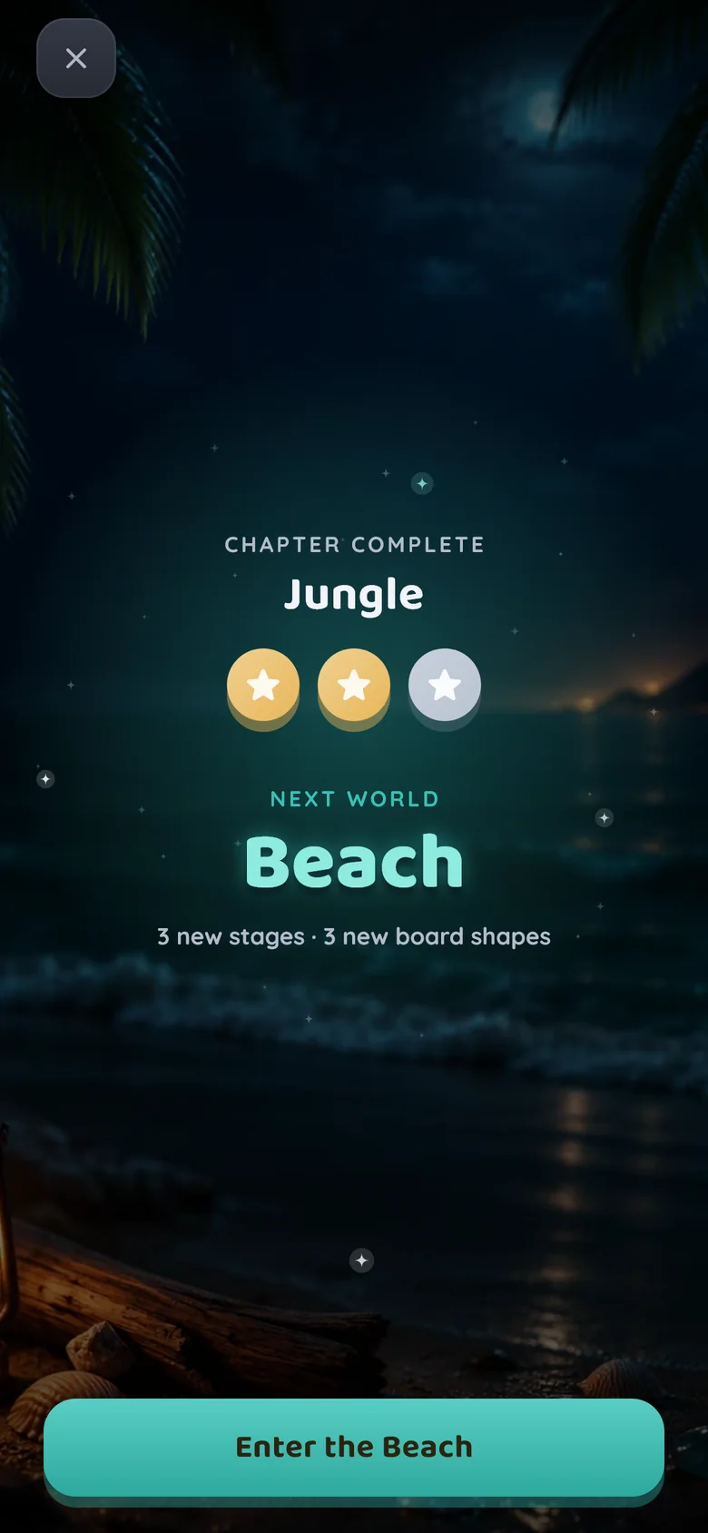 JIGNOVA chapter complete screen opening the next world, the Beach