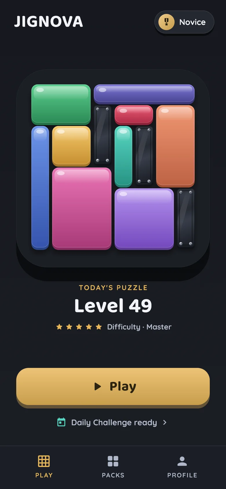 JIGNOVA home screen: the solved colour board and one Play button