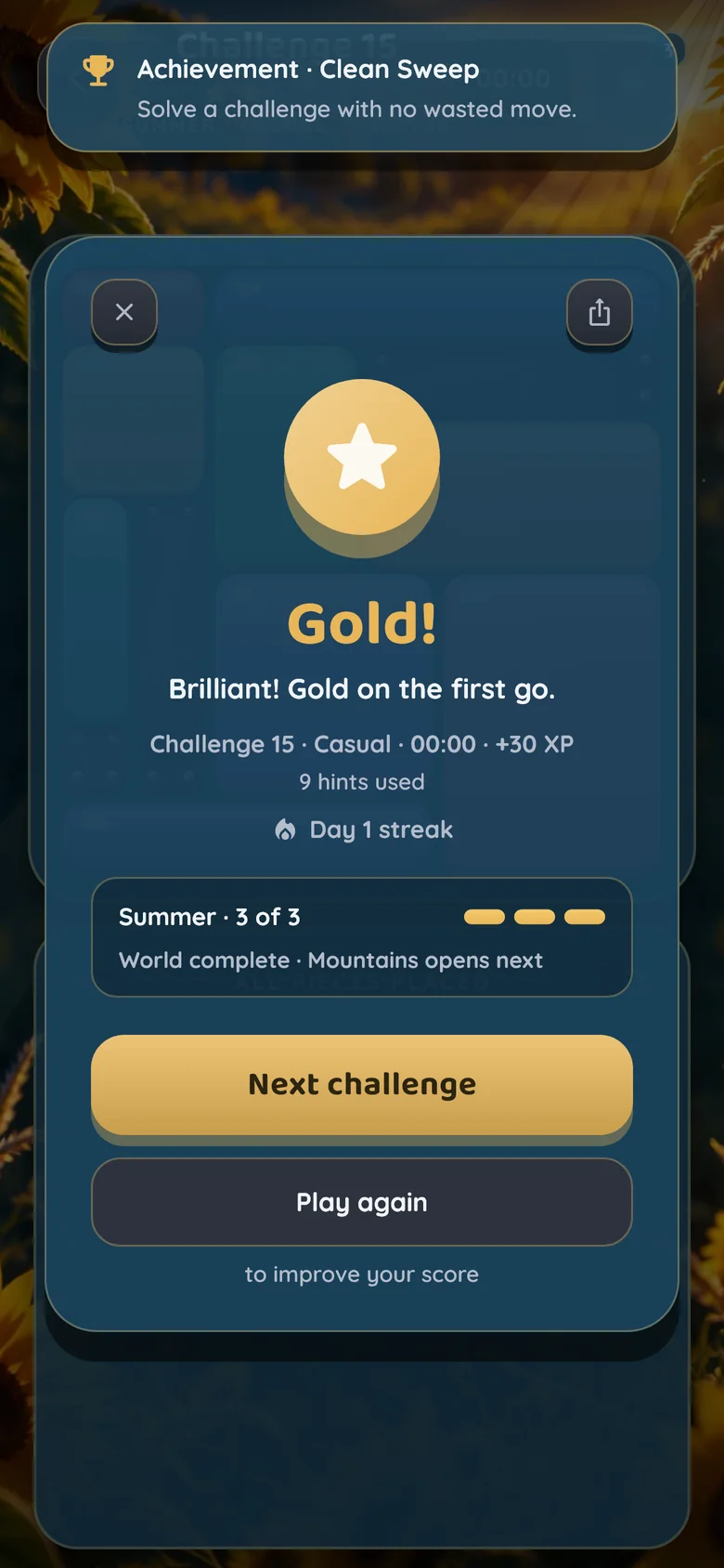 JIGNOVA solved card with a gold medal